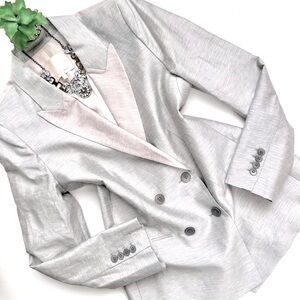 Rebecca Taylor Slub Linen Blend Gray and Pink Double Breasted Blazer Size 10